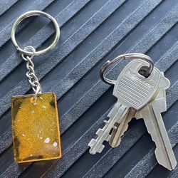 One-of-a-kind Honey-colored, Rectangular, Silver Glitter Pendent Resin Key Chain