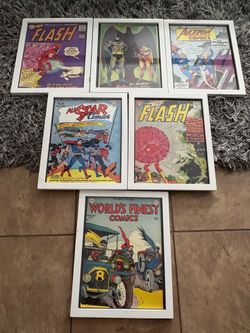 Set of 6 Framed DC Comic Art Prints - Vintage Batman, Superman, Flash Wall Decor