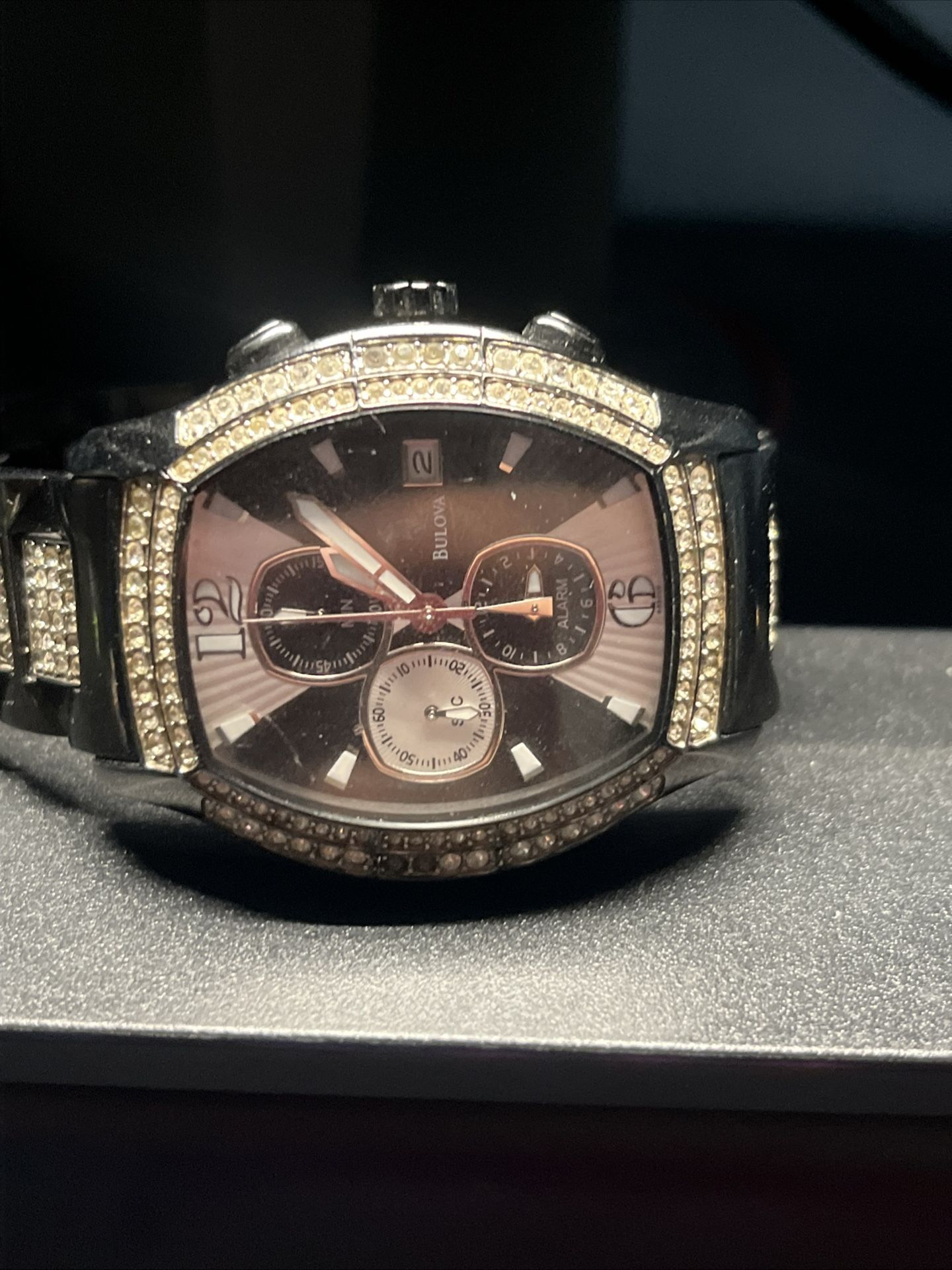 Bulova Men’s Crystal Chronograph Watch – Black & Silver – Iced Out – Works Great