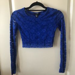 Royal Blue Long Sleeved Lace Crop Top Size Small