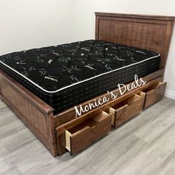 Queen Solid Wood Bed With 3 Drawers And Mattress $740