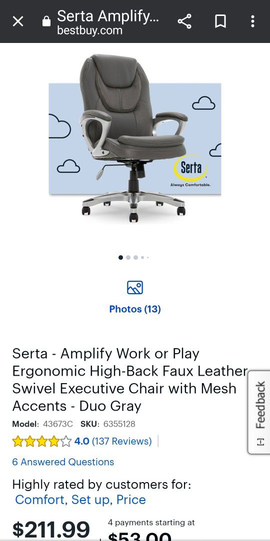 Serta -Amplify Work or Play Ergonomic High-Back Faux Leather Swivel Executive Chair with Mesh Accent