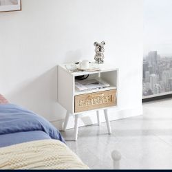 15.75 Rattan End table with Power Outlet & USB Ports , Modern nightstand with drawer and solid wood legs, side table for living room, bedroom, white