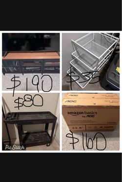 2 AOC Monitors, IKEA TV stand, Utility Cart