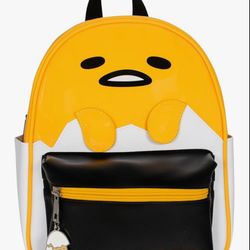 Gudetama Big Face Mini Cosplay PU Backpack Purse, Sanrio Shoulder Bag with Epoxy Filled Metal Gudetama Charm, 10.5 Inch, Faux Leather