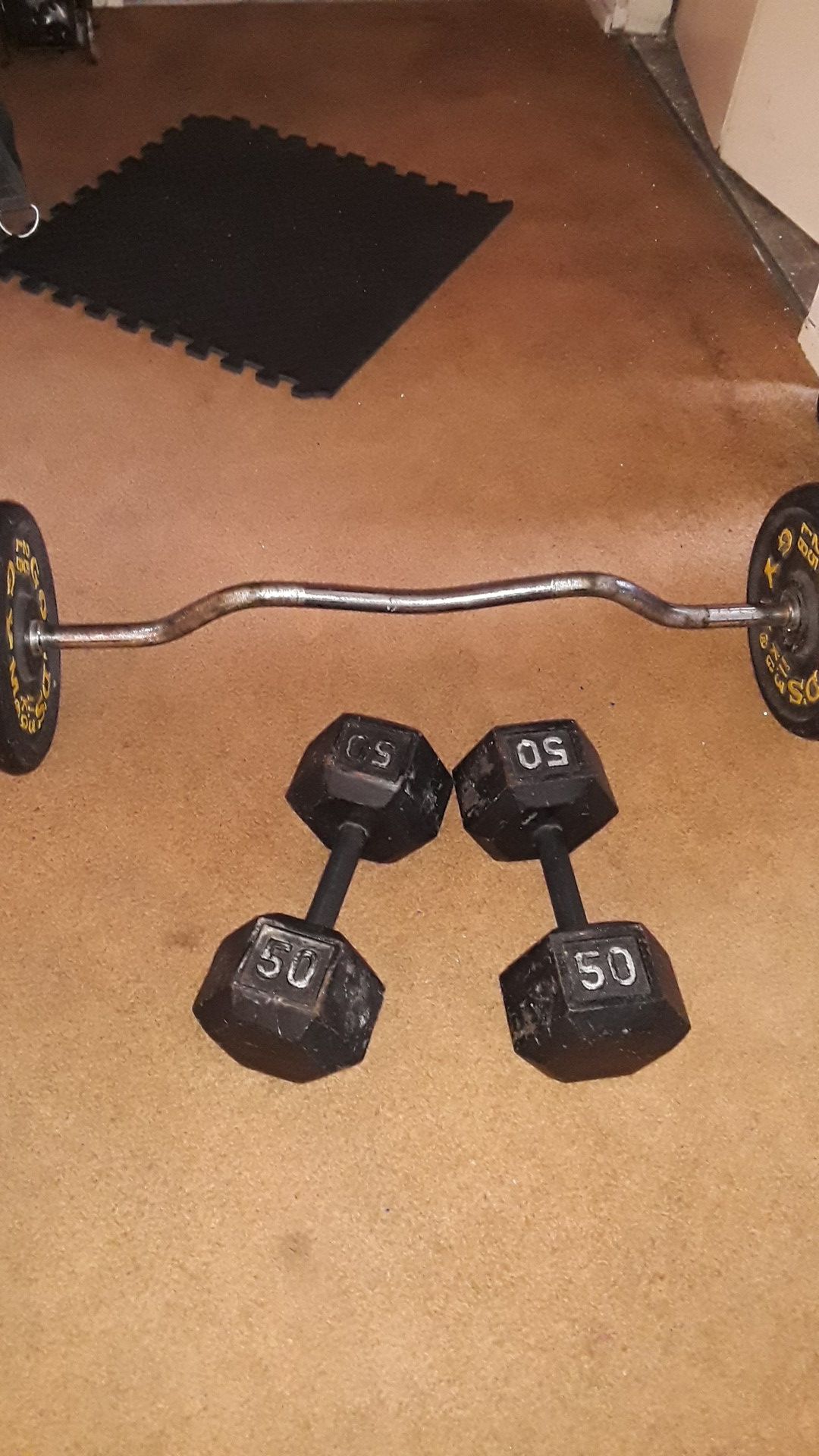 Exercise equip. Curl bar / 65 lbs plates / 2 50lbs dumbbells