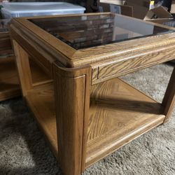 Wood End And Coffee Table With Glass Top