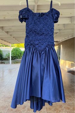 Vintage 80s Navy Satin Prom Dress 13/14 Ruched Bodice Shoulder Bows ILGWU Union Made Formal Gown
