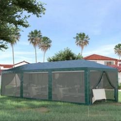 10x30 party tent canopy, outdoor event tent with 8 removable mesh side walls, zipper door, steel frame, green
