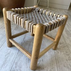 Wood & Woven Rope Stool | Rustic Boho Footstool Ottoman