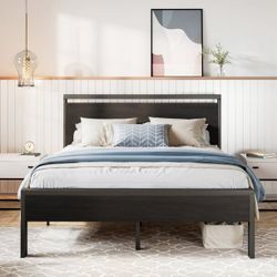Full Size Metal Platform Bed Frame with Wooden Headboard & Footboard, Black Oak, Adult