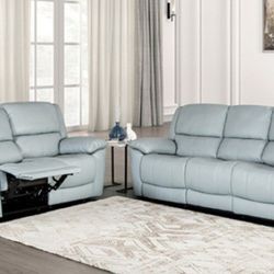Brand New Powder Blue Leather Reclining Sofa & Loveseat 