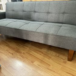 Modern Gray Fabric Sofa Couch, Tufted Upholstered Sofa, Mid-Century Style, Wood Legs, Apartment Size Couch, Used Sofa Good Condition  