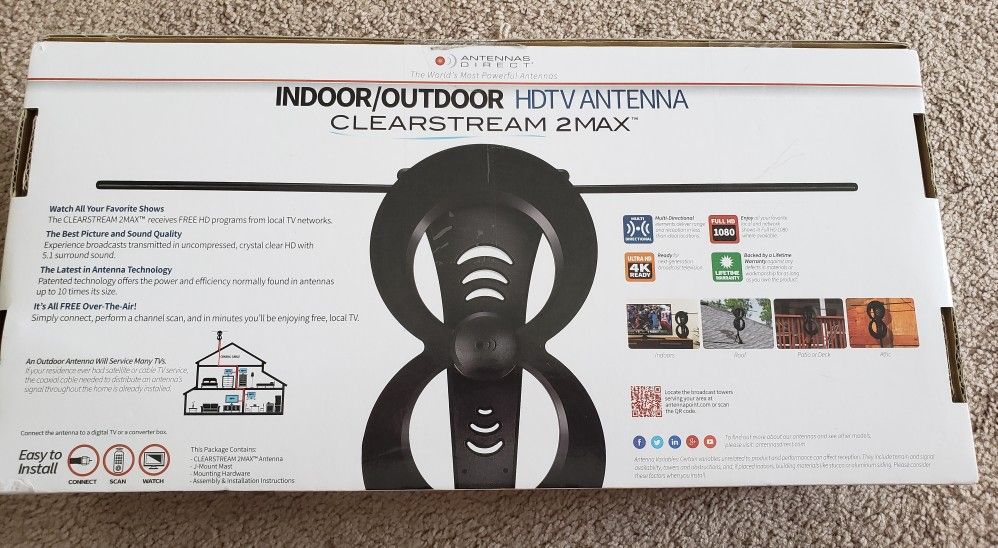 Antennas Direct Clearstream 2MAX Indoor/Outdoor HDTV Antenna 60+ Miles C2MVJ-5