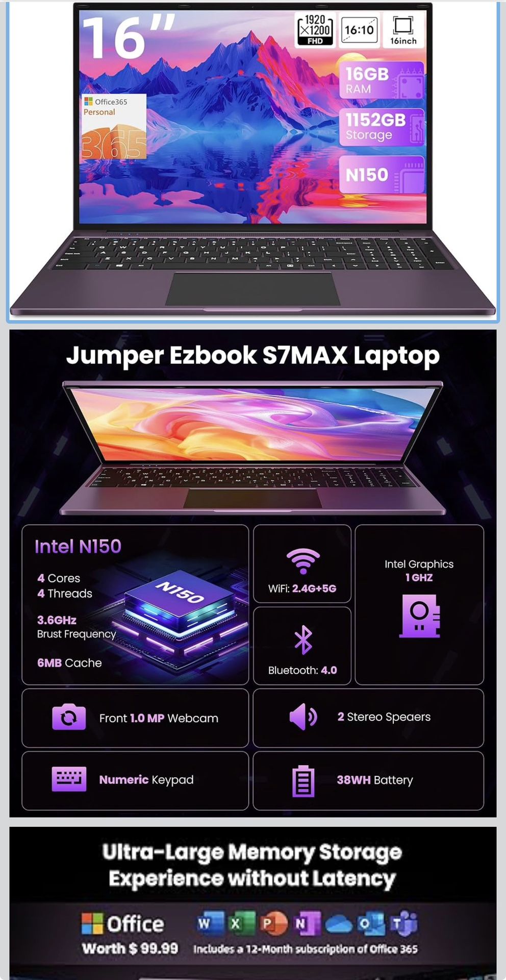 jumper 16 Inch Laptop,12th N150 Processor,1200P IPS Display,1-Year Office 365, 16GB DDR4, 1TB SSD 128GB ROM, Windows 11 Computer, tubro Boost 3.6GHz, 