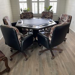 Solid Wood Poker Table w/ 6 Chairs. Great condition. No rips/tears. Smoke free/Pet Free. Very Heavy Solid Item. Great quality. Biker theme upholstery.