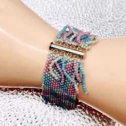 Handmade Pink/Blue Seed Beaded Boho 7” Bracelet