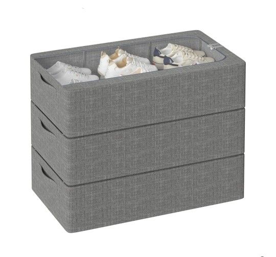 Under Bed Storage Bins with Metal Frame, Shoe Organizer for Closet with Large Clear Windw,Foldable Stackable Linen Fabric Clothes Organizer Bins (Dark