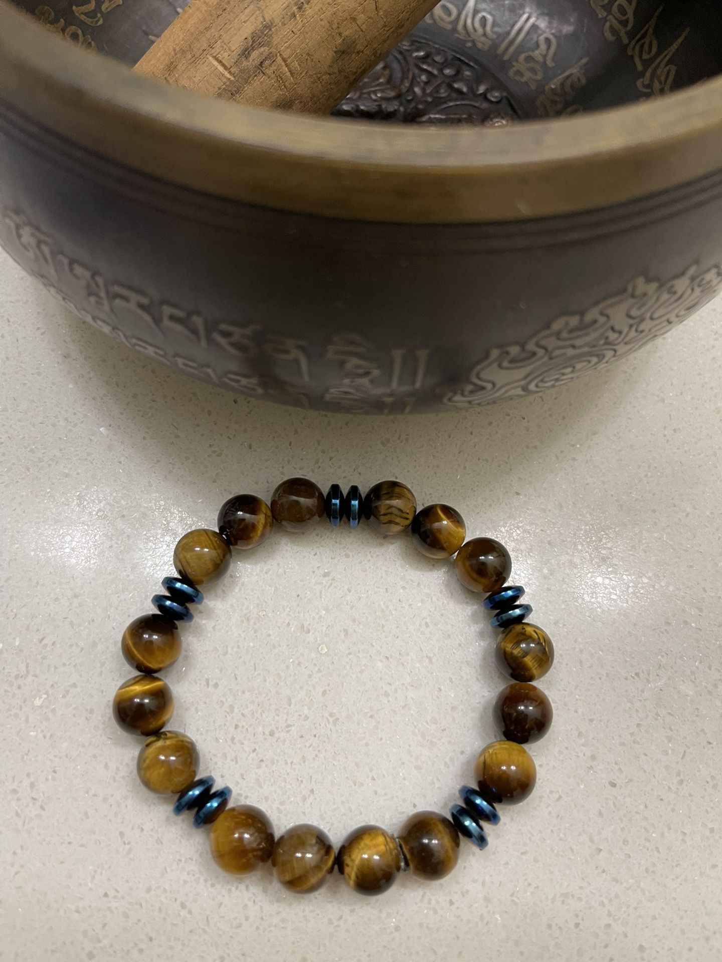 Handcrafted 10mm Tiger Eye Natural Gemstone With Blue  Accent Stretch Bracelet