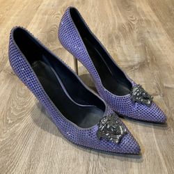 Versace Pumps High Heels Medusa Rhinestone Glitter Purple Women Size 7.5 / 37.5