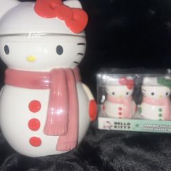 Hello Kitty Snow Man Cookie Jar And Matching Shakers