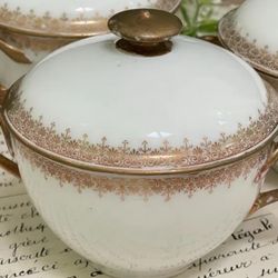 French D & C co filigree border Limoge bouillon bowls with lid,