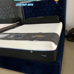 Blue Suede Queen Bed Frame With Mattress New 