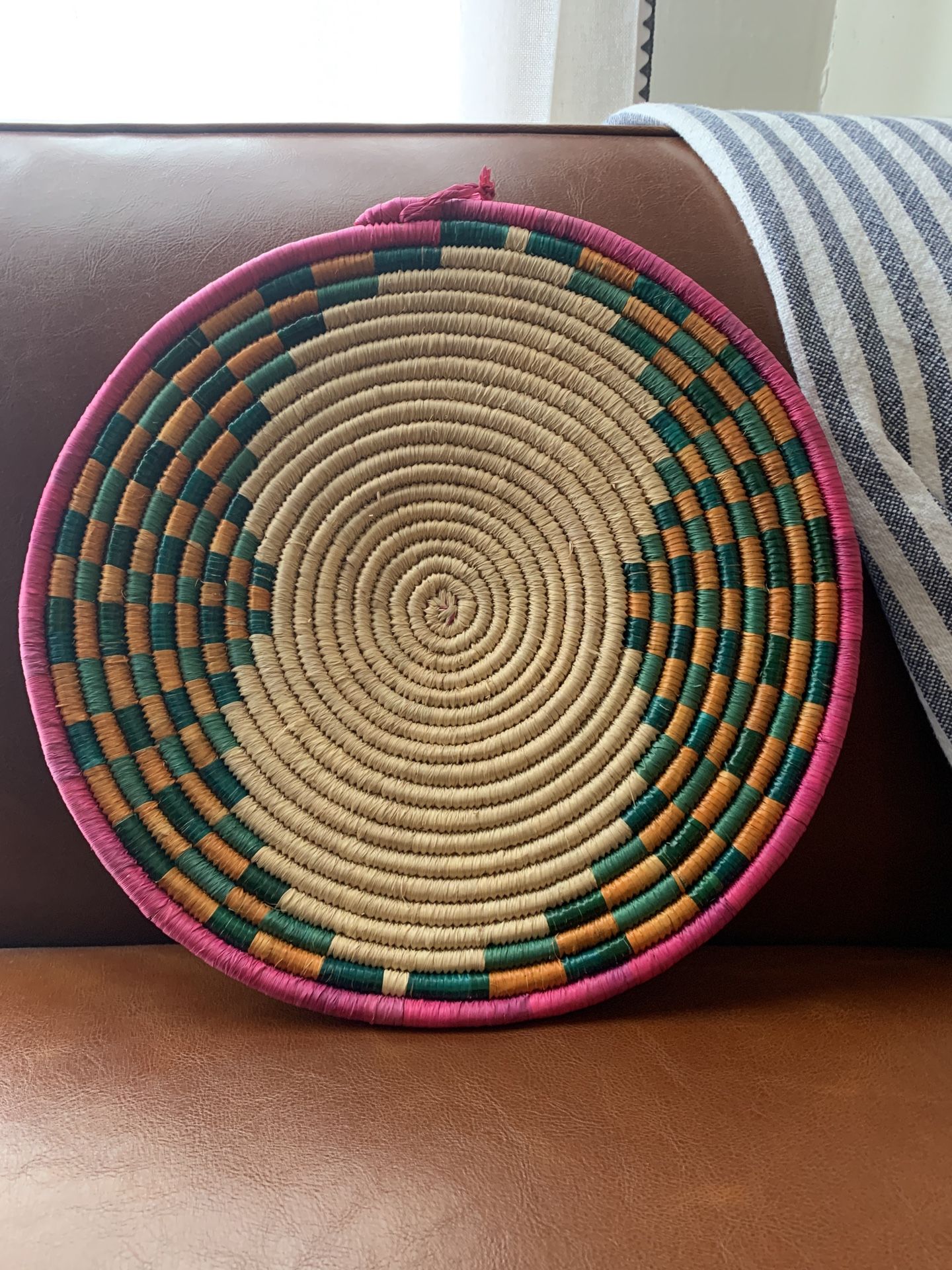 Large wicker Basket / Wall hanging / Pink / Green / Orange / Rattan / Art / vintage decor