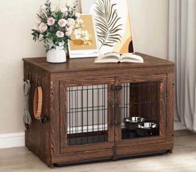 Wooden Dog Crate Furniture with 360°Rotatable Removable Dog Bowls, Dog Crate End Table with Tray, Double Doors Dog Kennels for Dogs(L:37.7"