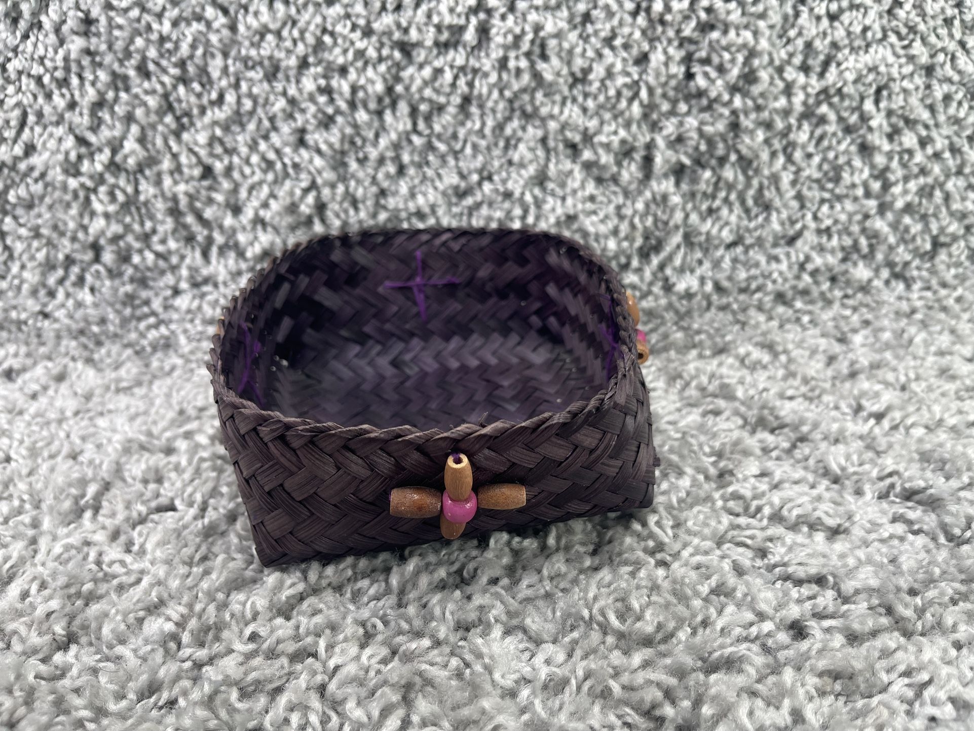 Small Sweetgrass Woven Basket Square Container Purple Small 4.5x5x3. Inch