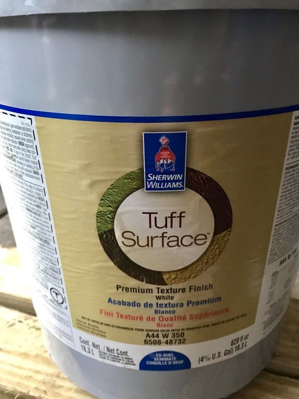 Interior Tuff Surface From Sherwin Williams Paint 5 gallons for $45 each. Color: White