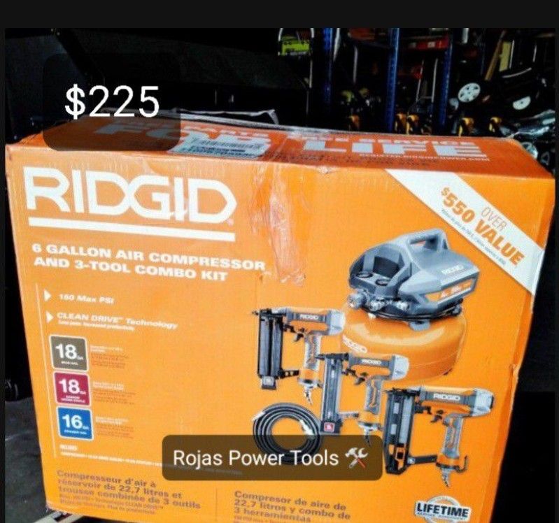 RIDGID 6GAL PORTABLE ELECTRIC PANCAKE AIR COMPRESSOR WITH 18GA BRAD NAILER, 16GA STRAIGHT FINISH NAILER AND 18GA FINISH STAPLER