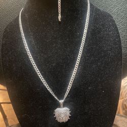 Cuban Link Chain And Bracelet Set With Diamond Crusted Bulldog Medallion 