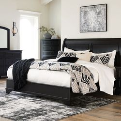 Black-7Pc Dresser-Mirror/Chest Queen Sleigh Bed 2 Nightstands