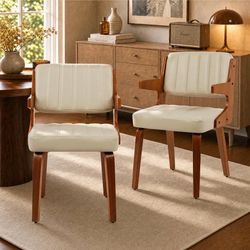 Set of 2 Walnut Dining Chairs with Armrests Beige Faux Leather