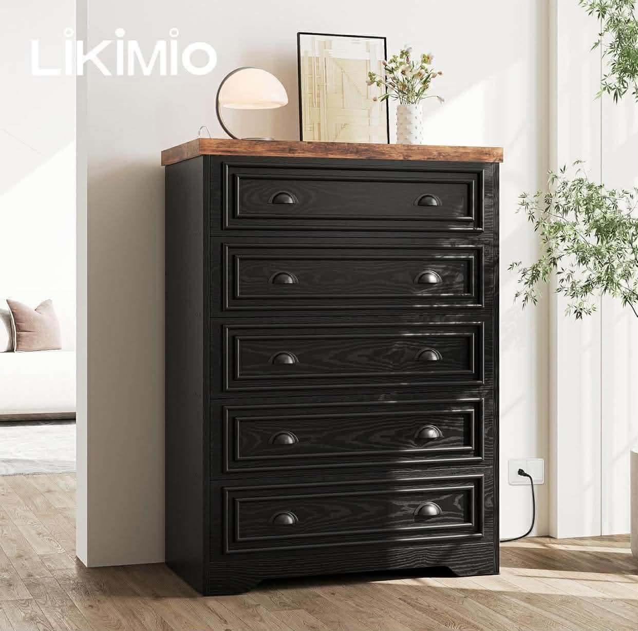 43" Tall 5 Drawers Dresser for Bedroom, Power Strip, Farmhouse Large Wood Dressers & Chest of Drawers with Wide Storage Cabinet, Black