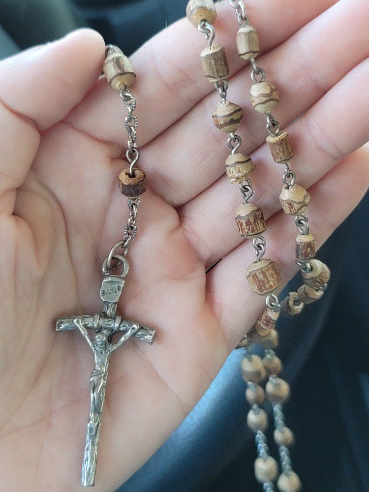 Old Wooden Carved Rosary From Ireland Silver Cross  