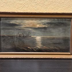 Antique c1920s Nocturnal Stormy Seascape Portland Head Light Scene Oil Painting