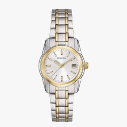 Bulova Ladies' Classic Two-Tone Stainless Steel 3-Hand Calendar Date Quartz Watch, Silver-White Dial (Style: 98M105)