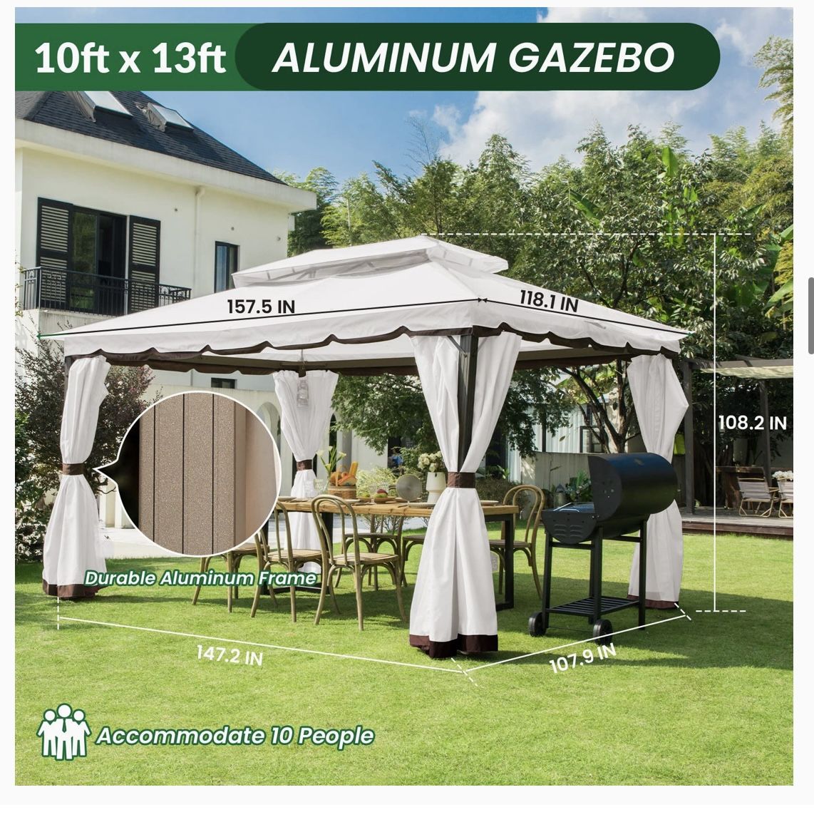 MEWAY Patio Gazebo 10x13 Gazebo with Curtains and Mosquito Netting Sturdy Aluminum Gazebo, NAVY BLUE, NEW In Box