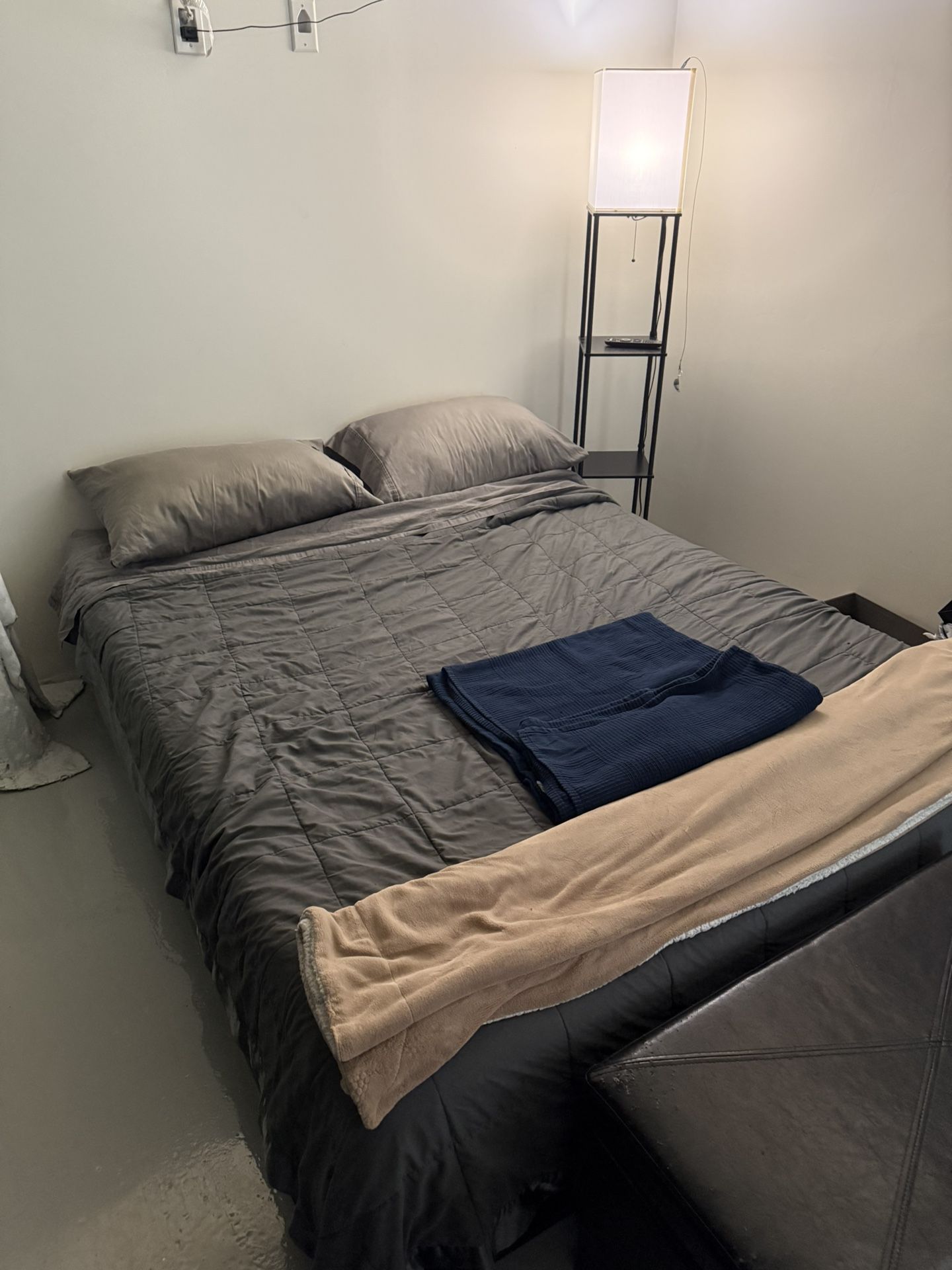 Queen Bed Frame, Mattress, Sheets, & Blankets