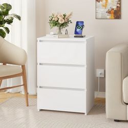  3 Drawers Nightstand with Charging Station, Modern End Side Table, Wooden Storage Cabinet for Bedroom Living Room, White