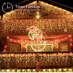 Christmas Lights Decoration, 51.8ft 400LED 8 Lighting Modes Icicle Lights Outdoor with 80 Drops, Warm White Window Lights for House, Christmas, Weddin