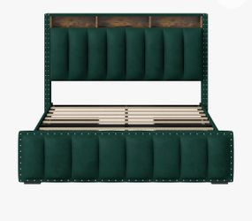 Luxury Emerald Green Velvet Queen Bed Frame w/ Storage + Queen Mattress