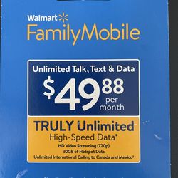 Walmart Family Mobile Unlimited Monthly Prepaid Plan + 30GB of High Speed Data