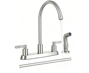 Modern kitchen faucet has high-arc spout, two handles, and side sprayer. Brushed nickel finish. Comes with water supply lines.