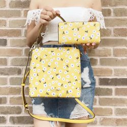 Kate Spade Darcy Fleurette Floral Small Bucket Bag Yellow + Large Bifold Wallet