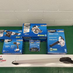 LED SHOP LIGHT WITH BUILT IN BLUETOOTH SPEAKER, HART TOOLS, & ACCESSORIES (ALL BRAND NEW IN BOX)