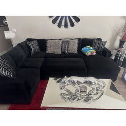 Black velvet Sectional + Pillows + Mirror Coffee Table (Bundle option) 
