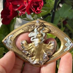 Vintage Art Nouveau Lady Brooch Large Figural Gold Tone Enamel Sash Pin Antique 1900’s Jewelry 100 Year Old Estate Piece 